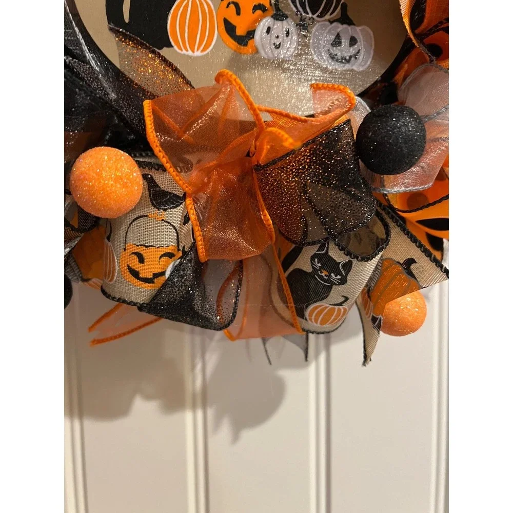 13 inch Halloween Ribbon Wreath Black Cat MW6